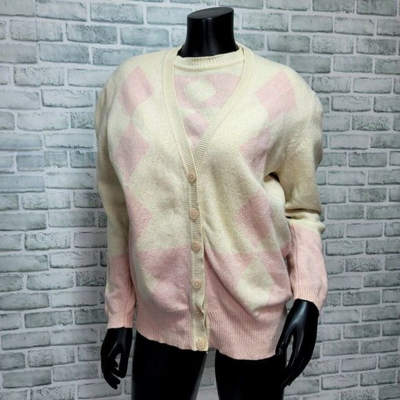 Vintage Evan Picone Size M Pink Wool Angora Argyle Sweater Top & Cardigan SET - Picture 3 of 11